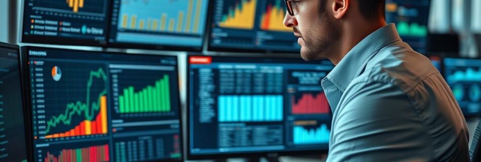 Analyst evaluating betting affiliate program metrics on multiple screens