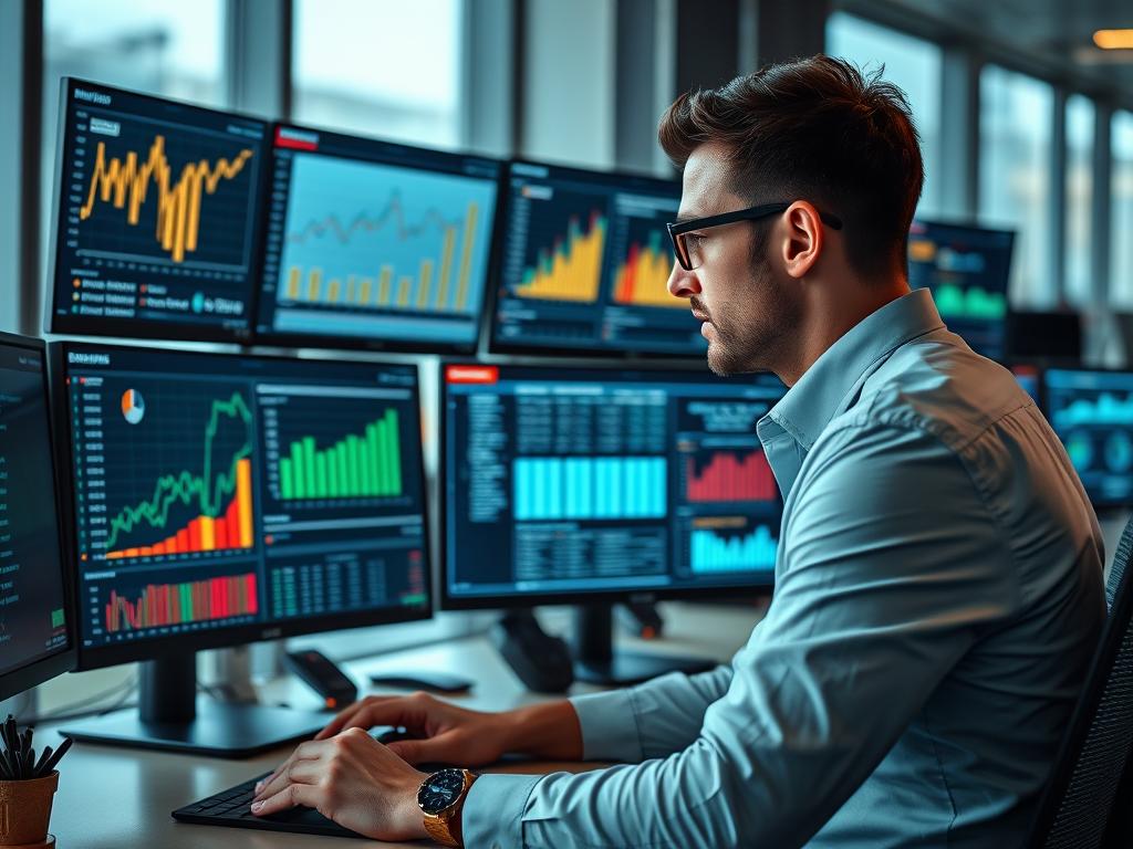 Analyst evaluating betting affiliate program metrics on multiple screens