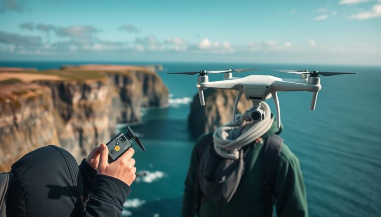 Travel vlogger using a compact camera and drone to capture scenic UK coastline