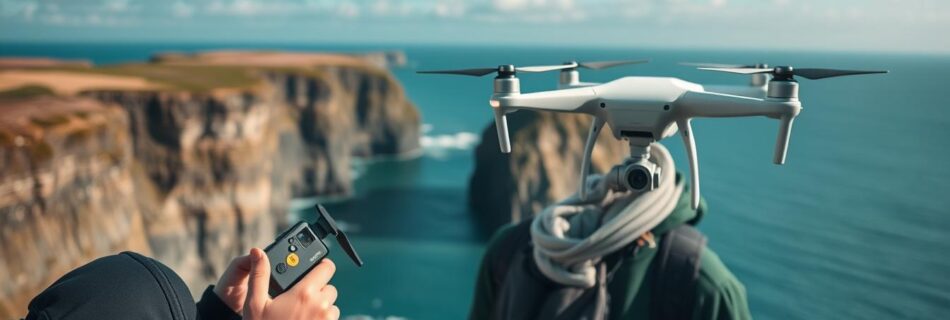 Travel vlogger using a compact camera and drone to capture scenic UK coastline