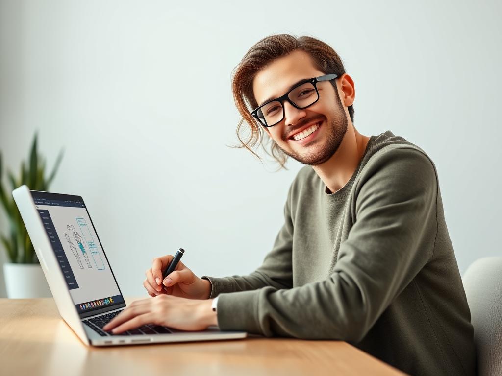 Happy person easily creating whiteboard animation with Instadoodle.com