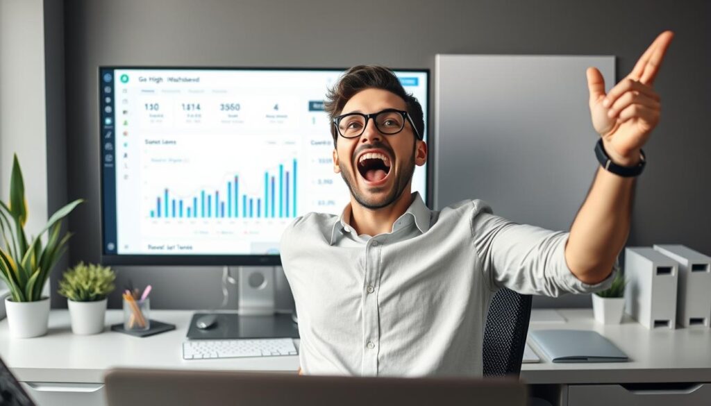 Marketing professional celebrating success with Go High Level platform
