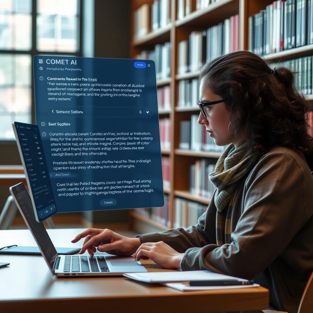 Academic researcher using Comet AI to find scholarly information in the future of internet search