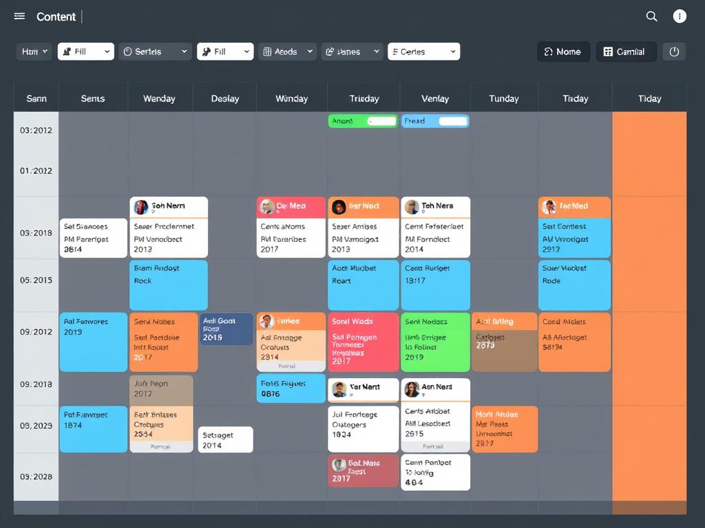 Monthly content calendar showing scheduled posts across platforms Monthly content calendar showing scheduled posts across platforms