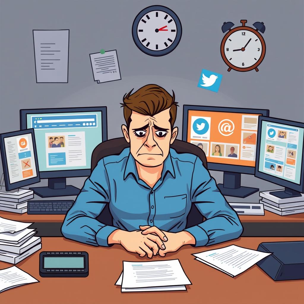 Person struggling with content creation for multiple social media platforms Person struggling with content creation for multiple social media platforms