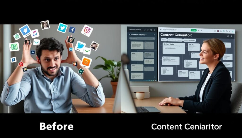 Before and after comparison of social media management with Content Generator