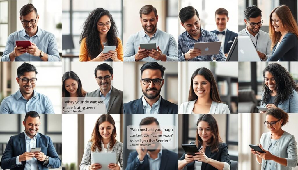 Collage of satisfied Content Generator users with testimonial quotes