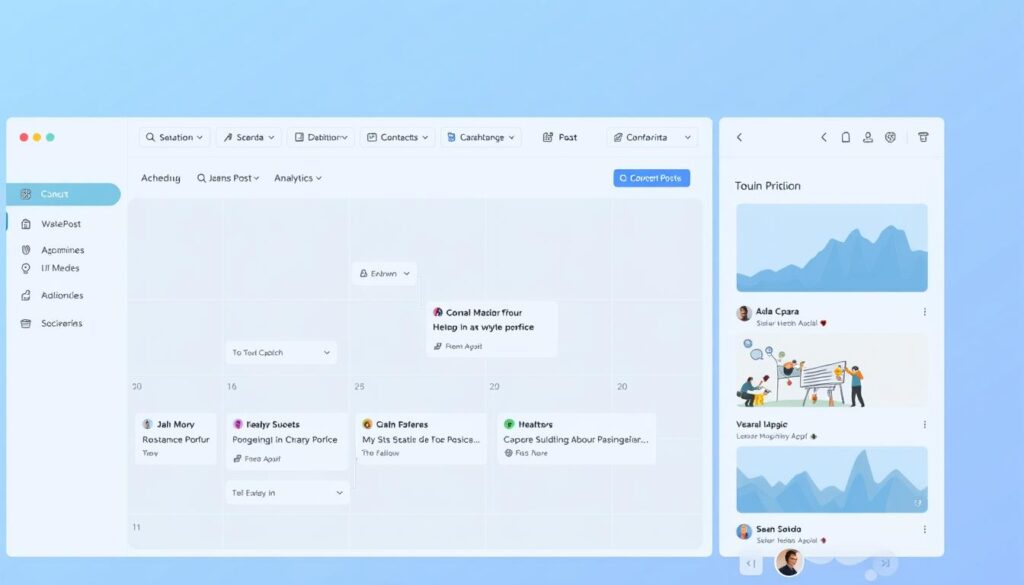 Content Generator automatic posting tool dashboard showing scheduled posts across multiple platforms