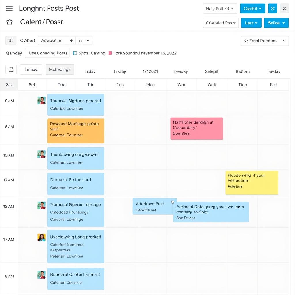 Multi-platform scheduling calendar with color-coded posts