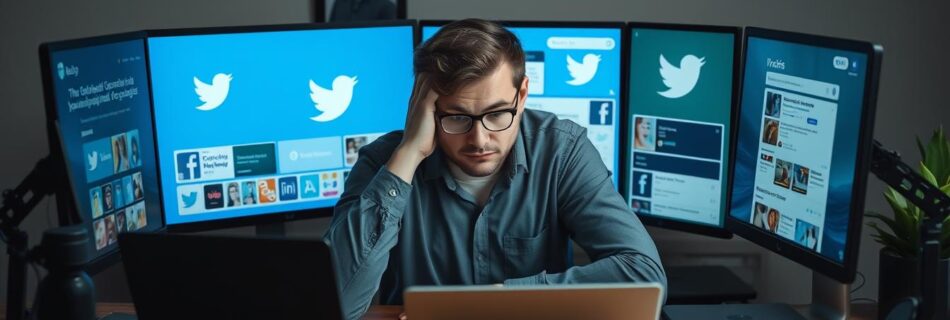 Person overwhelmed with multiple social media accounts on different devices