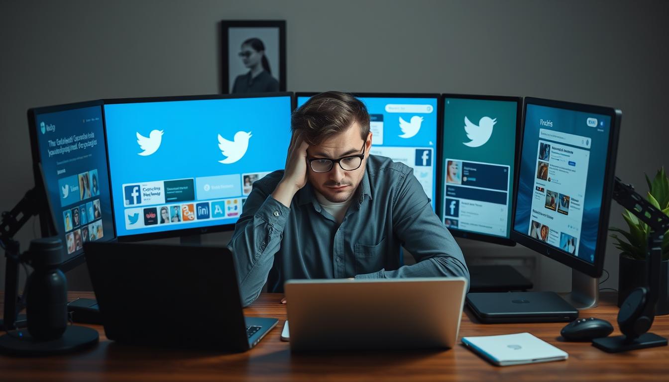 Person overwhelmed with multiple social media accounts on different devices